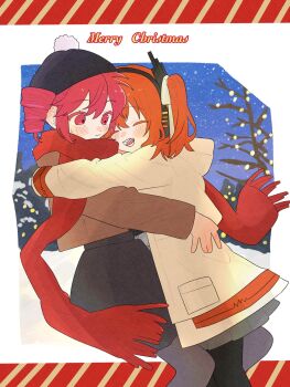 Rule 34 | 2girls, a.i. voice, adachi rei, beanie, black hat, black skirt, brown jacket, closed eyes, commentary request, cowboy shot, drill hair, from side, hat, highres, hug, jacket, kasane teto, komori kamome, long sleeves, merry christmas, miniskirt, multiple girls, one side up, open mouth, orange hair, pantyhose, pom pom (clothes), pom pom beanie, red eyes, red hair, red scarf, scarf, skirt, smile, twin drills, utau, white jacket, winter clothes