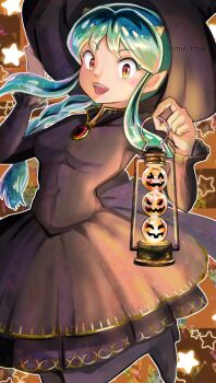 1girl artist_name bell_sleeves black_boots black_dress black_hat boots braid breasts brooch commentary cone_horns cowboy_shot dress green_eyes halloween halloween_costume hands_up hat holding holding_lantern horns jack-o&#039;-lantern_print jewelry kerosene_lamp lantern long_hair long_sidelocks looking_at_viewer lum miz_mus open_mouth pointy_ears sidelocks single_braid small_breasts smile solo standing standing_on_one_leg star_(symbol) teeth thigh_boots tight_clothes twitter_username upper_teeth_only urusei_yatsura witch witch_hat