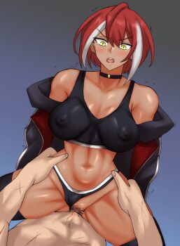 1boy 1girl ass blood censored choker clothed_sex clothing_aside defloration grave913 highres jacket multicolored_hair open_mouth original panties panties_aside penis pussy shiny_skin solo_focus tan terayama_homura thighhighs underwear vaginal variant_set waist_grab yellow_eyes