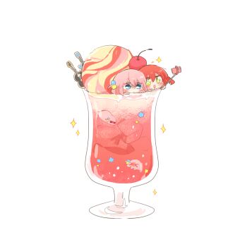 2girls :d blue_eyes blush bocchi_the_rock! chibi chibi_only commentary_request cup drinking_glass food gotoh_hitori gotoh_hitori_(tsuchinoko) ice_cream ice_cream_float kita_ikuyo long_hair multiple_girls open_mouth pink_hair rebecca_(keinelove) red_hair selfie_stick simple_background smile sparkle white_background yellow_eyes