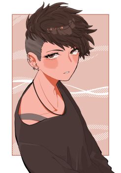 1girl black_shirt blush blush_stickers border brown_eyes brown_hair collarbone commentary_request commission ear_piercing earrings eyelashes highres jewelry koucha_(pankeki_koucha) looking_at_viewer original piercing pixiv_commission shirt short_hair solo textless_version tomboy undercut upper_body very_short_hair white_border