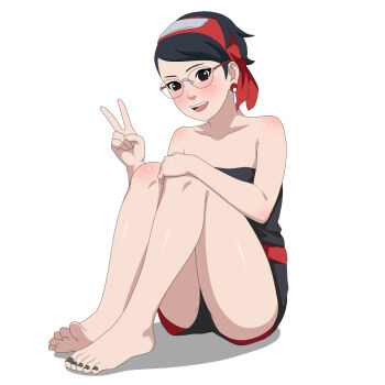 1girl ass bare_legs bare_shoulders barefoot black_eyes black_hair blush boruto:_two_blue_vortex feet feet_together female_focus glasses legs_together looking_at_viewer nail_polish naruto_(series) open_mouth short_hair shorts simple_background sitting smile toes uchiha_sarada v