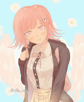 1girl blush breasts brown_hair brown_skirt collared_shirt danganronpa_(series) danganronpa_2:_goodbye_despair flipped_hair hair_ornament highres jacket kazzz long_sleeves looking_at_viewer medium_hair nanami_chiaki neck_ribbon open_clothes open_jacket pink_eyes pink_ribbon pleated_skirt ribbon shirt skirt smile solo two-tone_shirt white_shirt