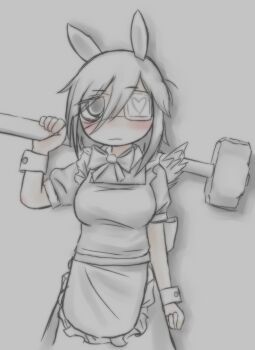 1girl absurdres animal_ears apron back_bow bags_under_eyes blush bow bowtie breasts closed_mouth dress expressionless eyepatch frilled_apron frills greyscale hammer heart highres holding holding_hammer looking_at_viewer medium_breasts mentha_(menthalovely) mint_(menthalovely) monochrome original puffy_short_sleeves puffy_sleeves rabbit_ears short_hair short_sleeves sketch solo