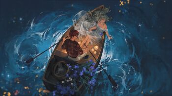 1boy 1girl absurdres afloat alex_(degrees_of_lewdity) alex_(male)_(degrees_of_lewdity) bare_shoulders barefoot basket belt black_belt black_shoes blonde_hair blurry blurry_edges boat bouquet candle candlelight closed_mouth collarbone dating degrees_of_lewdity double-parted_bangs dress expressionless flower freckles from_above full_body green_eyes grey_pants hair_between_eyes hetero hice_hideice high_heels highres holding holding_oar jewelry light_frown long_dress long_hair looking_to_the_side necklace night oar off-shoulder_dress off_shoulder on_boat pants pearl_necklace petals player_character_(degrees_of_lewdity) player_character_(female)_(degrees_of_lewdity) purple_flower red_hair red_petals red_shirt reflection reflective_liquid ripples rowboat see-through_clothes see-through_dress shirt shoes short_hair short_sleeves shorts sitting skirt skirt_tug sparkle star_(sky) thick_eyebrows three-quarter_sleeves unworn_shoes watercraft white_dress white_flower white_shorts yellow_eyes yellow_petals