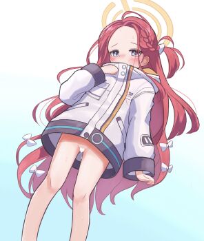 1girl blue_archive blue_background blush bottomless bow braid censored commentary_request covered_mouth denki_blanco feet_out_of_frame forehead from_below gluteal_fold gradient_background grey_eyes hair_bow halo hand_up heart heart_censor highres hood hood_down hooded_jacket jacket loli long_hair long_sleeves looking_at_viewer millennium_science_school_logo multicolored_jacket multiple_hair_bows nose_blush one_side_up partial_commentary power_symbol red_hair single_braid solo standing sweat two-tone_background very_long_hair white_background white_bow white_jacket yellow_halo yellow_jacket yuzu_(blue_archive)