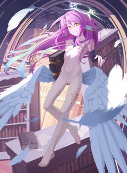 1girl angel_wings arm_tattoo asymmetrical_gloves book bookshelf casual_nudity chest_tattoo clitoral_hood collarbone commission commissioner_upload elbow_gloves feathered_wings feathers fingernails flat_chest floating floating_hair floating_object full_body gloves hair_between_eyes halo highres hip_bones holding holding_book indoors jewelry jibril_(no_game_no_life) leg_tattoo library light_blush light_smile long_hair low_wings multicolored_hair navel necklace no_game_no_life nude pink_hair pussy revilol solo spiked_halo swept_bangs symbol-shaped_pupils tattoo thigh_gap toenails toes very_long_hair white_wings wing_ears wings yellow_eyes