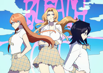3girls black_eyes black_hair bleach blue_eyes breasts cleavage commentary_request frown hands_on_own_hips inoue_orihime kuchiki_rukia large_breasts matsumoto_rangiku miniskirt multiple_girls nigatsumikka orange_hair plaid_clothes plaid_skirt school_uniform serious skirt sleeves_rolled_up small_breasts unmoving_pattern