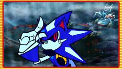 animated artist_logo black_sclera camomilaxd colored_sclera humanoid_robot logo looking_at_viewer mechanical_arms metal_sonic neo_metal_sonic parody pointing red_eyes robot screenshot_background solo sonic_(series) sonic_heroes sound star_wars tagme video