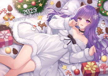 1girl 2025 :d animal_ears bare_shoulders bed_sheet bell black_bow black_choker bow box candy candy_cane capelet choker christmas_ornaments christmas_wreath collarbone commentary_request dress feet_out_of_frame food fur-trimmed_capelet fur-trimmed_dress fur-trimmed_jacket fur_trim gift gift_box gingerbread_man hitsuki_rei indie_virtual_youtuber jacket knees_together_feet_apart long_hair long_sleeves looking_at_viewer lying mahou_purinkan merry_christmas on_back open_mouth pillow pinecone purple_eyes purple_hair smile solo striped_bow tail very_long_hair virtual_youtuber white_capelet white_dress wreath