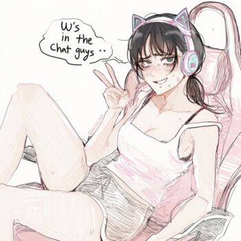 1girl ai-generated ai-generated_art_(topic) animal_ear_headphones animal_ears artist_name black_bra black_eyes black_hair black_shorts blush bra breasts camisole cat_ear_headphones cat_ears chainsaw_man chair commentary dolphin_shorts english_commentary english_text fake_animal_ears gaming_chair headphones lapis_slopzuli looking_at_viewer mitaka_asa on_chair pink_camisole shorts simple_background sitting solo speech_bubble sweat swivel_chair twitter_username underwear v white_background