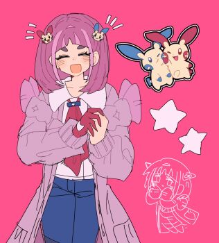 Rule 34 | 1girl, arched bangs, blue pants, blush, cardigan, character hair ornament, closed eyes, closed mouth, collared shirt, eyelashes, gen 3 pokemon, gloves, hair ornament, hairclip, han0579, highres, lacey (pokemon), long sleeves, minun, necktie, nintendo, one eye closed, open cardigan, open clothes, open mouth, pants, pink cardigan, pink hair, plusle, pokemon, pokemon sv, purple cardigan, red gloves, red necktie, shirt, short hair, single glove, smile, star (symbol), white shirt