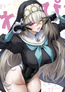 1girl aqua_neckerchief black_gloves black_leotard black_veil blue_archive blush breasts covered_navel crossed_bangs double_v gloved_sleeves gloves grey_hair hair_between_eyes halo highleg highleg_leotard highres large_breasts latex latex_leotard leotard long_hair looking_at_viewer neckerchief nun one_eye_closed open_mouth purple_eyes sakurako_(blue_archive) simple_background sisterhood_(blue_archive) smile solo text_background thighs trinity_general_school_logo v veil xfate