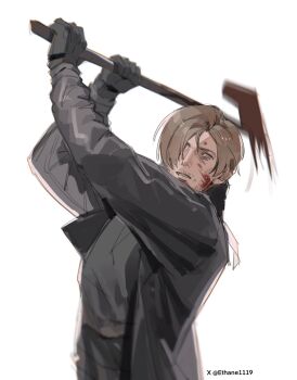 Rule 34 | 1boy, axe, beard stubble, black coat, black gloves, blonde hair, blood, blood on face, coat, commentary, ethane-e, facial hair, gloves, grey eyes, grey shirt, hair between eyes, highres, holding, holding axe, leon s. kennedy, male focus, parted lips, resident evil, resident evil requiem, shirt, short hair, solo, stubble, swinging weapon, symbol-only commentary, upper body, white background