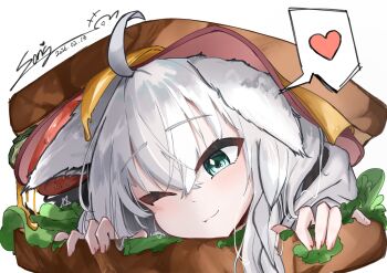 1girl absurdres ahoge animal_ears aqua_eyes blush braid bread bread_slice cheese closed_mouth commentary_request dated dated_commentary facing_viewer food fox_ears fox_girl fox_tail ham heart highres hololive in_food lettuce one_eye_closed oversized_food oversized_object pickle sandwich shirakami_fubuki shirakami_fubuki_(1st_costume) signature simple_background siw_(siw_0208) speech_bubble spoken_heart tail tomato tomato_slice virtual_youtuber white_hair