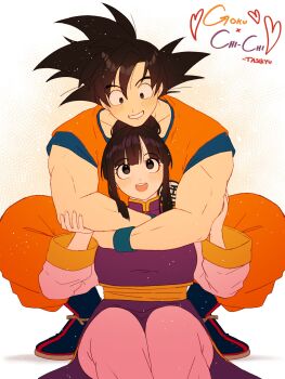 Rule 34 | 1boy, 1girl, artist name, black hair, blush, boots, character name, chi-chi (dragon ball), commentary, couple, dragon ball, dragonball z, english commentary, gradient background, hair bun, heart, hetero, highres, hug, hug from behind, looking at another, open mouth, orange pants, pants, parted lips, sash, son goku, spiked hair, squatting, straight-on, tasikyu, wristband, yellow sash