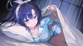 Rule 34 | 1girl, absurdres, animal print, bed, bed sheet, black halo, blanket, blue archive, blue eyes, blue hair, blue pajamas, blue shirt, blue shorts, blush, bow hairband, breasts, cat print, cleavage, closed mouth, commentary request, curtains, hair between eyes, hairband, halo, highres, indoors, looking at viewer, lying, mechanical halo, medium breasts, nanjo maya, official alternate costume, on bed, pajamas, pillow, print pajamas, shirt, shorts, sleepwear, smile, solo, thighs, under covers, white hairband, yuuka (blue archive), yuuka (pajamas) (blue archive)