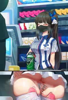 1girl absurdres ass barcode_scanner blush body_writing can cash_register cashier censored closed_eyes condom_box convenience_store counter daydream_(zhdkffk21) employee_uniform from_below hair_ornament high_side_ponytail highres holding holding_barcode_scanner id_card long_hair mask miniskirt mosaic_censoring mouth_mask name_tag no_panties object_insertion original pleated_skirt pussy pussy_juice sex_toy shelf shirt shop short_sleeves side_ponytail skirt smile standing store_clerk striped_clothes striped_shirt tally thighhighs thighs vaginal vaginal_object_insertion vertical-striped_clothes vertical-striped_shirt vibrator vibrator_in_thighhighs vibrator_under_clothes white_thighhighs