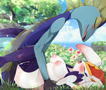 1boy 1girl absurdres ajiwo blue_skin blush breasts cinderace closed_eyes colored_skin cum cum_in_pussy ejaculation feet_out_of_frame furry furry_female furry_male furry_with_furry gen_8_pokemon heart hetero highres inteleon large_breasts lying missionary nintendo nipples on_back on_grass open_mouth outdoors pokemon pokemon_(creature) rabbit_ears rabbit_girl sex sweat thighhighs tree vaginal white_fur