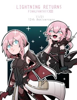 2girls :3 anniversary aqua_eyes armor black_dress black_thighhighs border breasts copyright_name cowboy_shot dated dress final_fantasy final_fantasy_xiii hair_between_eyes lightning_farron lightning_returns:_final_fantasy_xiii lumina medium_breasts multiple_girls nnnmmg0725 open_mouth pink_hair shoulder_armor side_ponytail single_fishnet_armwear smile thighhighs waist_cape white_border