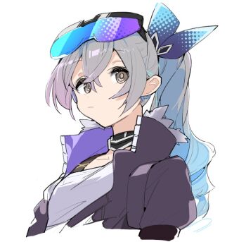 1girl :| arms_at_sides blue-tinted_eyewear blue_bow blue_hair bow chiriejjiyo closed_mouth collared_jacket cropped_torso dot_nose drill_hair drill_ponytail expressionless eyewear_on_head fur-trimmed_jacket fur_trim gradient-tinted_eyewear gradient_hair grey_eyes grey_hair hair_between_eyes hair_bow half_updo honkai:_star_rail honkai_(series) jacket long_hair long_sleeves looking_at_viewer multicolored_hair open_clothes open_jacket purple-tinted_eyewear purple_jacket shirt sidelocks silver_wolf_(honkai:_star_rail) simple_background solo tinted_eyewear two-sided_fabric two-sided_jacket upper_body white_background white_shirt