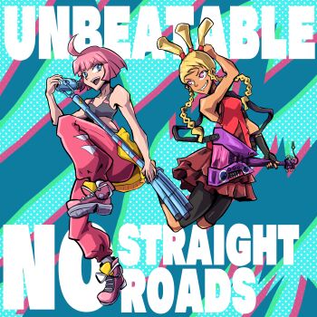 2girls absurdres ahoge beat_(unbeatable) bike_shorts bike_shorts_under_skirt blue_eyes braid breasts clothes_around_waist copyright_name crossover dark-skinned_female dark_skin electric_guitar english_text frilled_skirt frills grey_sports_bra guitar highres holding holding_microphone holding_microphone_stand instrument jumping long_hair mayday_(no_straight_roads) microphone microphone_stand multiple_girls music no_straight_roads pink_eyes pink_hair playing_instrument shaft_(shaf_it) shoes short_hair skirt small_breasts sneakers sports_bra streetwear symbol-shaped_pupils trait_connection twin_braids unbeatable