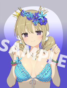 1girl blonde_hair bracelet breast_mousepad breasts cleavage crown flower hair_flower hair_ornament hair_ribbon jewelry kafuru_(senran_kagura) marvelous mousepad_(medium) necklace purple_eyes ribbon sample_watermark senran_kagura swimsuit twintails watermark yaegashi_nan