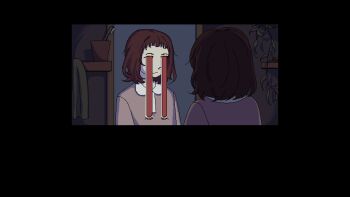 Rule 34 | 1girl, anatomical nonsense, body horror, brown hair, game cg, ghost funeral, highres, horror (theme), looking at mirror, medium hair, milk-chan (milk series), milk inside a bag of milk inside a bag of milk, mirror, non-web source, official art, pixel art, reflection, spoilers, toothbrush, variant set