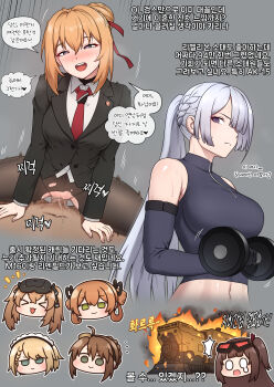 1boy 6+girls absurdres ak-15_(girls'_frontline) black_jacket black_pantyhose blonde_hair blue_eyes breasts censored centaureissi_(girls'_frontline_2) chibi closed_eyes closed_mouth collared_shirt commentary_request cowgirl_position disembodied_head dumbbell exercising fire g36_(girls'_frontline) girls'_frontline girls'_frontline_2:_exilium goggles goggles_on_head green_eyes grey_background hair_between_eyes hair_over_one_eye hair_ribbon heart heart-shaped_pupils hetero highres holding holding_dumbbell jacket kalina_(girls'_frontline) korean_commentary korean_text lee-enfield_(girls'_frontline) lenna_(girls'_frontline_2) looking_at_viewer maggea22 mayling_shen_(girls'_frontline_2) mosaic_censoring multiple_girls navel necktie no_panties open_mouth pantyhose purple_eyes red_necktie red_ribbon ribbon sex shirt simple_background smile speech_bubble springfield_(girls'_frontline) springfield_(girls'_frontline_2) straddling sweat symbol-shaped_pupils teeth torn_clothes torn_pantyhose translation_request ump9_(girls'_frontline) upper_teeth_only vaginal white_shirt