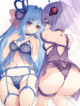 2girls ass babydoll blue_bra blue_hair blue_panties bow bow_bra bow_panties bra breasts diieru hair_intakes hands_up highres kotonoha_aoi long_hair looking_at_viewer multiple_girls panties parted_lips purple_bra purple_eyes purple_hair purple_panties red_hair small_breasts underwear underwear_only very_long_hair vocaloid voiceroid yuzuki_yukari