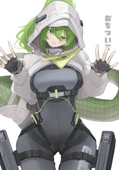 1girl absurdres arknights arknights:_endfield black_bodysuit black_gloves bodysuit commentary covered_navel cowboy_shot fingerless_gloves fluorite_(arknights) gloves green_eyes green_hair green_tail grey_hood hair_between_eyes head_tilt highres hood hood_up long_sleeves looking_at_viewer medium_hair simple_background solo standing strap taiiiyakiii tail white_background