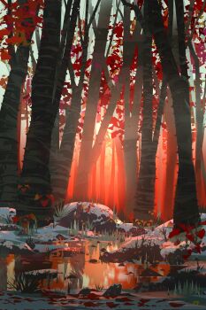 autumn_leaves birch_tree forest grass hashtag-only_commentary highres kamillustrator leaf nature no_humans original outdoors reflection reflective_liquid scenery sky snow sun sunset tree water