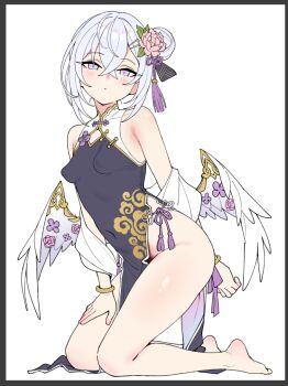 1girl alternate_costume alternate_hairstyle arm_behind_back armpit_crease azusa_(blue_archive) bare_legs bare_shoulders barefoot black_border black_dress blue_archive blush border bracelet breasts china_dress chinese_clothes closed_mouth clothing_cutout covered_navel crossed_bangs diamond_cutout dress expressionless feathered_wings flat_color flower full_body hair_between_eyes hair_bun hair_flower hair_ornament hairclip hand_on_own_thigh head_tilt impossible_clothes impossible_dress jewelry kneeling leaf_hair_ornament leaning_forward legs looking_at_viewer low_wings medium_hair no_panties parallel_hairclips pelvic_curtain pink_flower purple_flower rong_hui shawl simple_background single_side_bun sleeveless sleeveless_dress small_breasts solo tassel tassel_hair_ornament thighs two-tone_dress white_background white_dress white_hair white_shawl white_wings wings