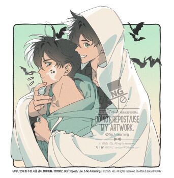 2boys :d bat_(animal) cloak drawstring facial_tattoo from_side ghost_costume ghost_tattoo green_hoodie grin hood hoodie hug hug_from_behind kidkuroba4869 kudou_shin&#039;ichi kuroba_kaito looking_at_viewer magic_kaito male_focus meitantei_conan multiple_boys open_mouth short_hair smile tattoo upper_body watermark white_cloak yaoi