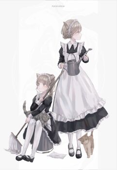 2girls animal animal_ears animal_on_lap apron black_dress black_shoes blonde_hair brown_hair cat cat_ears cat_girl cat_on_lap closed_mouth collared_dress commentary contrast_collar dress folded_braid frilled_apron frilled_dress frills german_text grey_eyes hand_up hands_up highres holding holding_mop holding_watering_can juliet_sleeves long_sleeves looking_ahead looking_up maid maid_apron maid_headdress mary_janes medium_hair mop multiple_cats multiple_girls on_bucket on_lap original pantyhose parted_lips ponytail profile puffy_sleeves sanou shoes short_hair simple_background sitting smile watering_can white_apron white_background white_headdress white_pantyhose wrist_cuffs