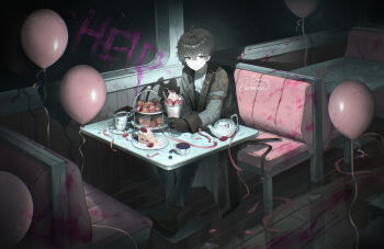 1boy absurdres balloon black_coat black_eyes black_gloves black_hair black_pants blood blood_splatter cake cake_slice chair closed_mouth coat collared_shirt commission couch cup cupcake dessert food fruit gloves highres holding indoors k_hottok long_sleeves looking_at_viewer macaron male_focus original pants plate shirt short_hair sitting smile solo spoon table teacup teapot vest white_shirt