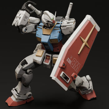 3d absurdres blender_(medium) commentary cross earth_federation emblem english_commentary gradient_background gundam highres kneeling machinery mecha mecha_focus mjeff mobile_suit mobile_suit_gundam no_humans realistic robot roundel rx-78-2_gundam science_fiction shadow shield