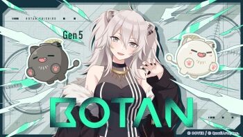 1girl absurdres ahoge animal_ear_piercing animal_ears black_jacket black_nails breasts character_name cleavage commentary_request company_name copyright_notice fingernails fur-trimmed_jacket fur_trim grey_eyes grey_hair hair_between_eyes highres hololive hololive_dreams jacket lion_ears lion_girl looking_at_viewer nail_polish official_art open_clothes open_jacket outline shishiro_botan shishiro_botan_(1st_costume) solo ssrb_(shishiro_botan) teeth tongue upper_teeth_only virtual_youtuber