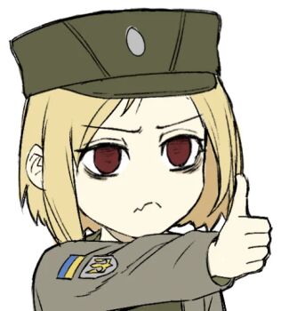 Rule 34 | 1girl, blonde hair, brown eyes, closed mouth, fang, hat, jacket, limestone (artist), long sleeves, looking at viewer, marichka, mazepynka, military, military uniform, non-web source, original, peaked cap, russo-ukrainian war, short hair, skin fang, soldier, solo, thumbs up, tryzub, ukraine, ukrainian flag, upper body