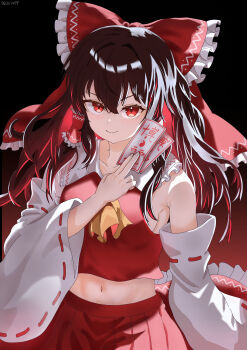 1girl absurdres ascot bare_shoulders between_fingers black_background bow brown_eyes brown_hair collarbone commentary_request detached_sleeves frilled_bow frilled_hair_tubes frills hair_bow hair_tubes hakurei_reimu highres holding holding_ofuda kennsei66 long_hair looking_at_viewer midriff navel ofuda ofuda_between_fingers red_bow red_eyes red_skirt ribbon-trimmed_sleeves ribbon_trim skirt skirt_set solo touhou yellow_ascot
