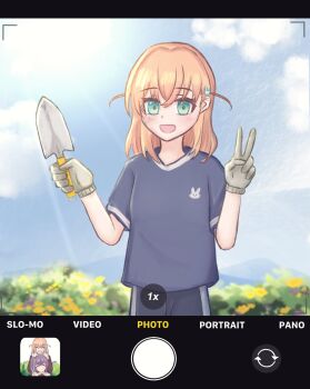 1girl :d ^_^ aqua_eyes blue_shirt blue_sky blush closed_eyes commentary crossed_bangs fake_screenshot gloves grey_gloves hair_ornament highres hikari863126 hinoshita_kaho holding holding_trowel link!_like!_love_live! love_live! medium_hair open_mouth orange_hair otomune_kozue outdoors rabbit_hair_ornament shirt short_sleeves sky smile solo t-shirt trowel two_side_up user_interface viewfinder virtual_youtuber