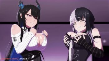 2girls absurdres animated artist_name bare_shoulders black_collar black_dress black_gloves black_hair black_nails black_skirt blue_hair breasts closed_mouth clothes_pull clothing_cutout collar colored_inner_hair dress dress_pull elbow_gloves eyelashes female_focus fingerless_gloves fingernails from_below gloves goth_fashion grey_hair grin high-waist_skirt highres hololive hololive_english horns indoors jakada_ani large_breasts long_hair long_sleeves looking_at_viewer looking_down multicolored_hair multiple_girls nail_polish naughty_face nerissa_ravencroft nerissa_ravencroft_(1st_costume) no_bra open_clothes pink_eyes pixiewillow pov pulling_own_clothes shiori_novella shiori_novella_(1st_costume) shirt shoulder_cutout skirt smile sound split-color_hair strapless strapless_dress striped_clothes striped_gloves tagme teeth third-party_edit tongue tongue_out two-tone_hair upper_body video virtual_youtuber yellow_eyes zerodiamonds_(voice_actor)