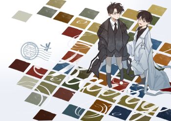 2boys :d aged_down black_coat black_eyes black_hair black_necktie black_shirt black_vest child coat collared_shirt curtained_hair full_body grin hashtag-only_commentary highres kim_dokja looking_at_another looking_at_viewer male_focus multiple_boys necktie omniscient_reader&#039;s_viewpoint open_mouth oversized_clothes shirt short_hair smile standing striped_clothes striped_vest tile_floor tiles typo_koneko vest white_coat white_shirt yoo_joonghyuk