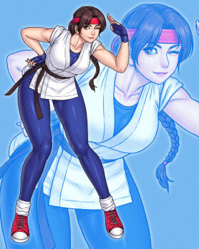 1girl braid braided_ponytail breasts brown_eyes brown_hair dougi female_focus gintuk83 gloves hairband huge_breasts karate_gi large_breasts leggings long_hair one_eye_closed pale_skin pants ponytail shoes smile smiley_face sneakers socks spandex standing the_king_of_fighters thick_thighs thighs tight_clothes tight_pants wide_hips yoga_pants yuri_sakazaki