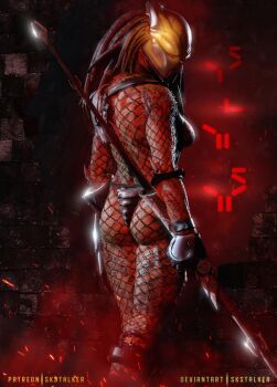1girl 3d alien armor artist_name ass back bikini bikini_armor breasts brick_wall countdown dreadlocks fingerless_gloves fingernails fishnets from_behind gloves helmet highres large_breasts looking_back monster_girl polearm predator_(character) predator_(series) sharp_fingernails sideboob signature skstalker solo spear swimsuit tall_female warrior weapon