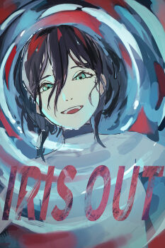 1girl absurdres black_choker black_hair breasts chainsaw_man choker green_eyes hair_between_eyes highres hit0li111 lying nude on_back open_mouth partially_submerged reze_(chainsaw_man) small_breasts solo teeth upper_teeth_only water wet wet_hair