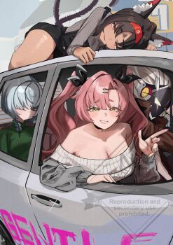 1boy 3girls absurdres alternate_costume anby_demara animal_ear_fluff barcode billy_kid black_hair braid breasts car cat_girl cleavage commentary dark-skinned_female dark_skin dondobi driving hair_ornament hairclip headband highres large_breasts light_blush looking_at_viewer mask mole mole_on_breast mole_under_eye motor_vehicle multiple_girls multiple_tails nail_polish nekomiya_mana nicole_demara off_shoulder pink_hair ribbon robot smile tail thighs turtleneck two_tails watermark white_hair zenless_zone_zero