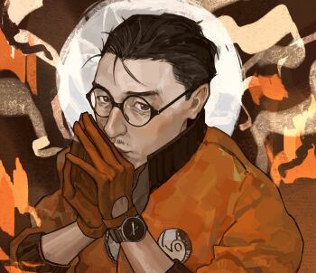 1boy aegyo_sal black_eyes black_hair black_jacket bomber_jacket commentary covering_own_mouth disco_elysium english_commentary expressionless facial_hair glasses hair_slicked_back highres jacket kim_kitsuragi kozmoraven1610 looking_at_viewer male_focus mustache_stubble sideburns solo steepled_fingers stubble upper_body watch wristwatch