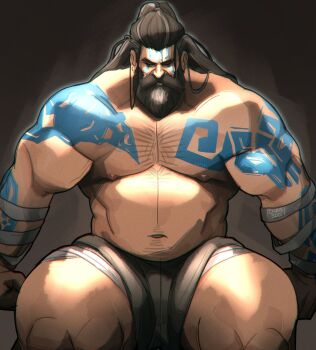 1boy bandaged_waist bandages bara beard belly bodypaint broad_shoulders chest_hair chris_sdd closed_eyes cropped_legs facial_hair full_beard grey_hair highres league_of_legends long_hair male_focus mature_male meditation muscular muscular_legs muscular_male nipples pectorals signature simple_background strongman_waist thighs udyr