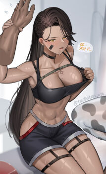 1boy 1girl abs areola_slip asymmetrical_bangs black_collar black_hair black_shorts blush bra bra_pull breasts chest_belt cleavage clothes_pull clothing_cutout collar cornrows dark_skin disembodied_hand frilled_thigh_strap girls'_frontline girls'_frontline_neural_cloud highres hip_vent holding_another's_wrist large_breasts long_hair magnhilda_(neural_cloud) midriff mole mole_on_breast navel open_mouth short_shorts shorts sitting speech_bubble sports_bra stomach sweat thigh_strap thighs tungsten_(kwfr4544) twitter_username underwear very_long_hair yellow_eyes